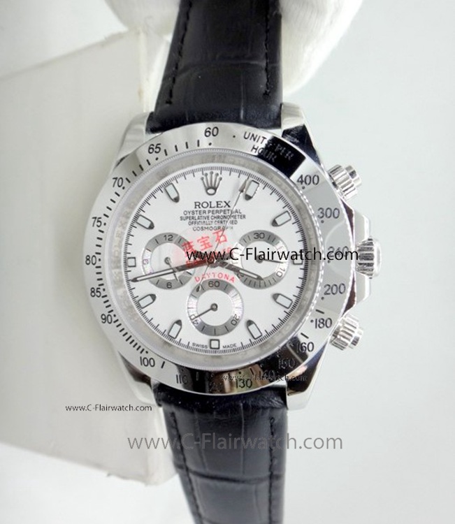 Clone Rolex Daytona White Dial Black Leather Strap Watch